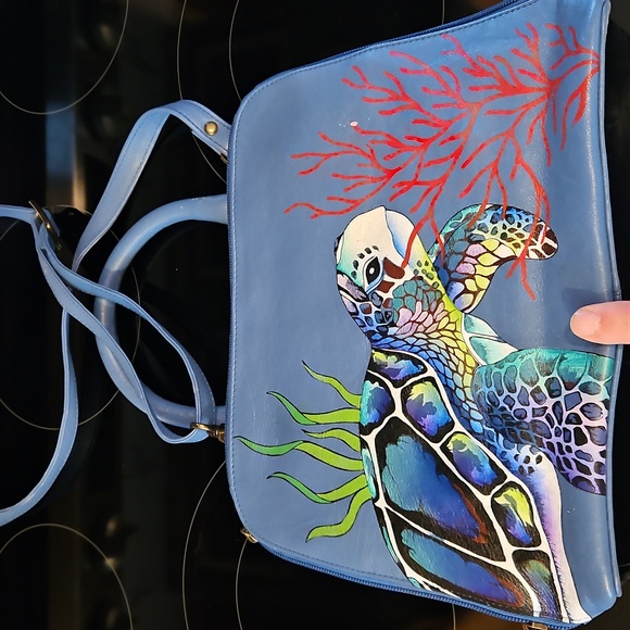 Blue Hand-Painted Anuschka Turtle Design Women's Bag - Picture 3 of 4
